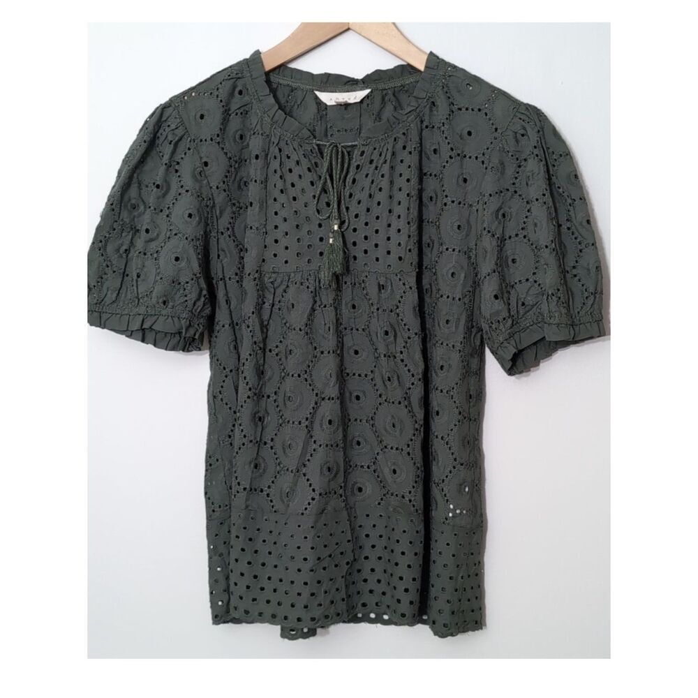 Adiva Gray green  eyelet Puff Sleeve Blouse with Mandarin Collar size medium